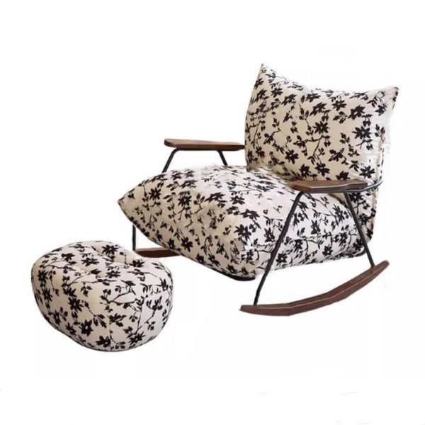 Contemporary Retro Ink Painting Flannelette Iron Solid Wood Recliner Footrest Backrest Armrest For Living Room - Image 26