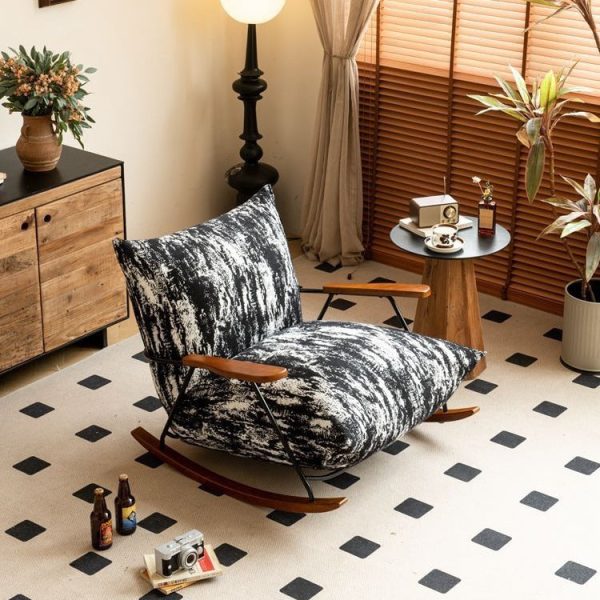 Contemporary Retro Ink Painting Flannelette Iron Solid Wood Recliner Footrest Backrest Armrest For Living Room