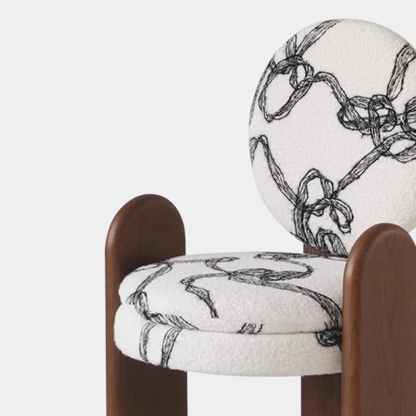 Traditional French Round Ribbon Pattern Lambswool Walnut Vanity Stool Backrest Armrest For Bedroom - Image 8