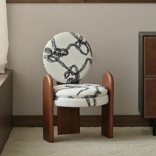 Traditional French Round Ribbon Pattern Lambswool Walnut Vanity Stool Backrest Armrest For Bedroom - Image 2
