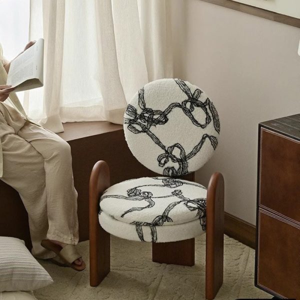 Traditional French Round Ribbon Pattern Lambswool Walnut Vanity Stool Backrest Armrest For Bedroom - Image 3