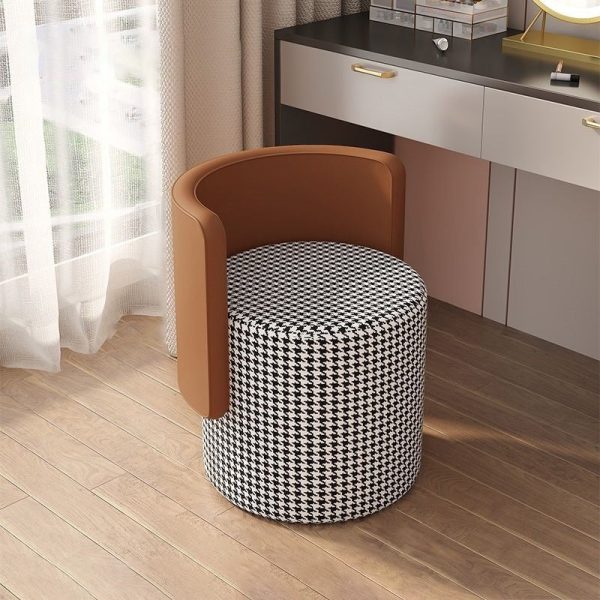 Contemporary Nordic Cylinder Swivel Solid Wood Leather Vanity Stool Backrest Armless For Bedroom - Image 3