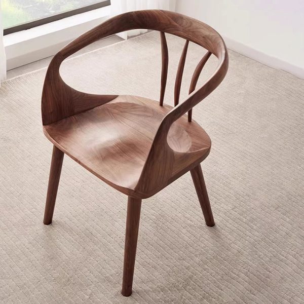 Traditional Japanese Full Walnut Curved Dining Chair Backrest Armrest For Dining Room - Image 13