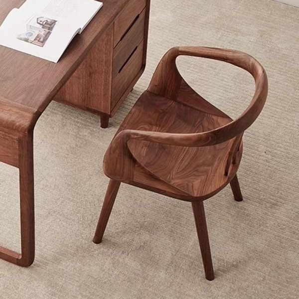 Traditional Japanese Full Walnut Curved Dining Chair Backrest Armrest For Dining Room - Image 3