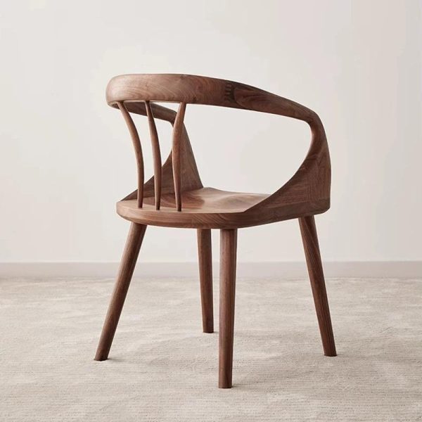 Traditional Japanese Full Walnut Curved Dining Chair Backrest Armrest For Dining Room - Image 11