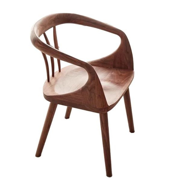 Traditional Japanese Full Walnut Curved Dining Chair Backrest Armrest For Dining Room - Image 15