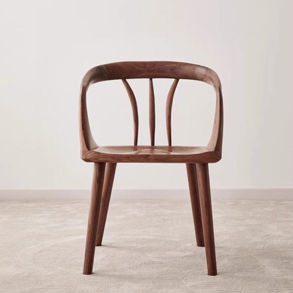 Traditional Japanese Full Walnut Curved Dining Chair Backrest Armrest For Dining Room - Image 9