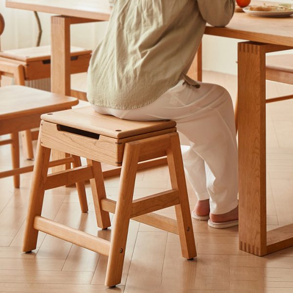 Traditional Japanese Square Cherry Wood Stackable Storage Dining Chair Backless Armless For Dining Room - Image 17