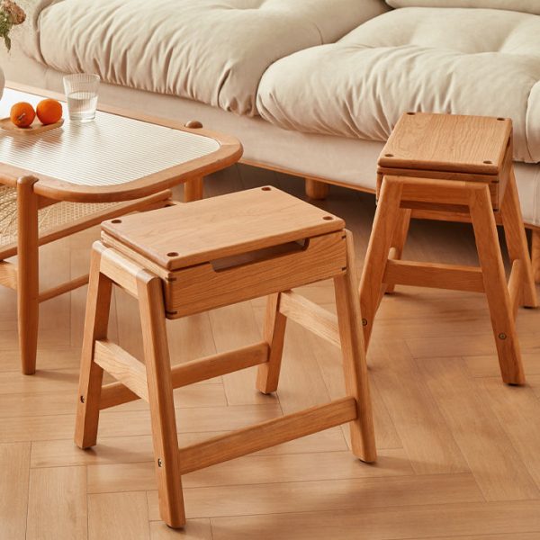 Traditional Japanese Square Cherry Wood Stackable Storage Dining Chair Backless Armless For Dining Room - Image 19