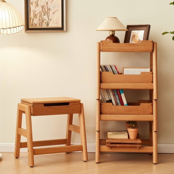 Traditional Japanese Square Cherry Wood Stackable Storage Dining Chair Backless Armless For Dining Room - Image 22