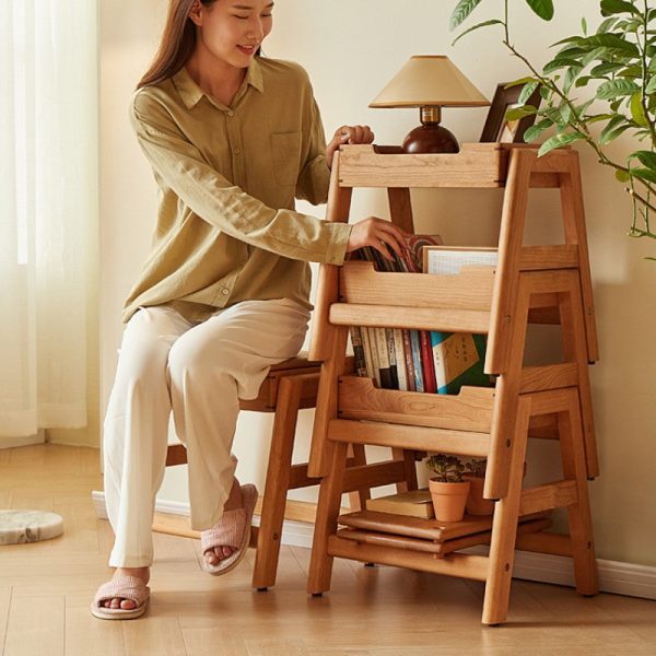 Traditional Japanese Square Cherry Wood Stackable Storage Dining Chair Backless Armless For Dining Room - Image 26