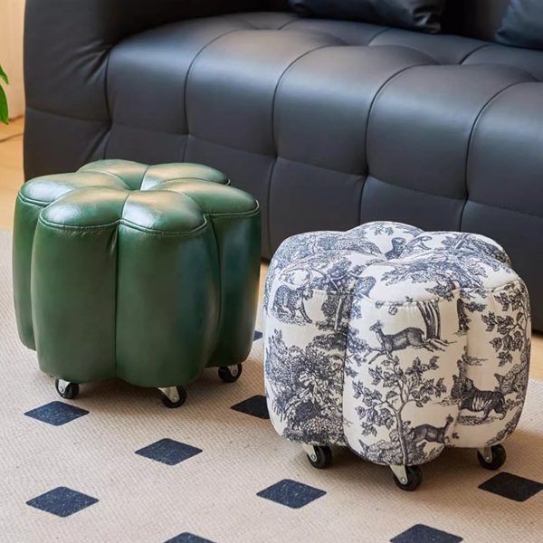 Contemporary Retro Flower Cube Cotton Linen Leather Pine Wheels Footstool Backless Armless For Living Room - Image 14