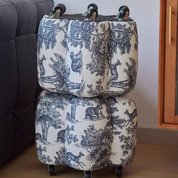 Contemporary Retro Flower Cube Cotton Linen Leather Pine Wheels Footstool Backless Armless For Living Room - Image 10