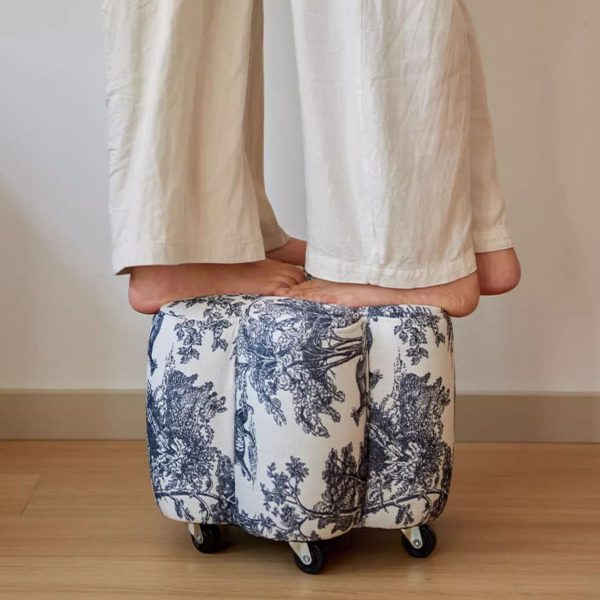 Contemporary Retro Flower Cube Cotton Linen Leather Pine Wheels Footstool Backless Armless For Living Room - Image 11