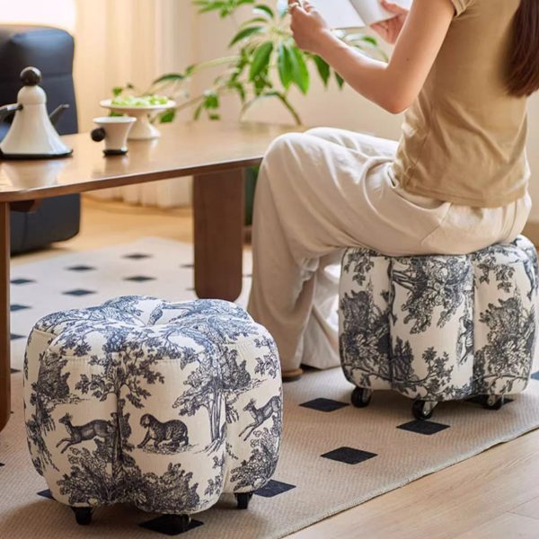 Contemporary Retro Flower Cube Cotton Linen Leather Pine Wheels Footstool Backless Armless For Living Room - Image 16