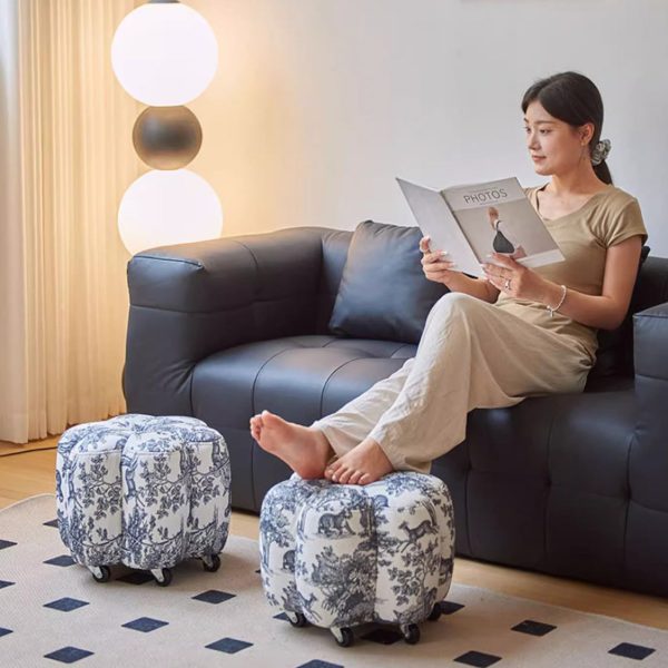 Contemporary Retro Flower Cube Cotton Linen Leather Pine Wheels Footstool Backless Armless For Living Room - Image 19