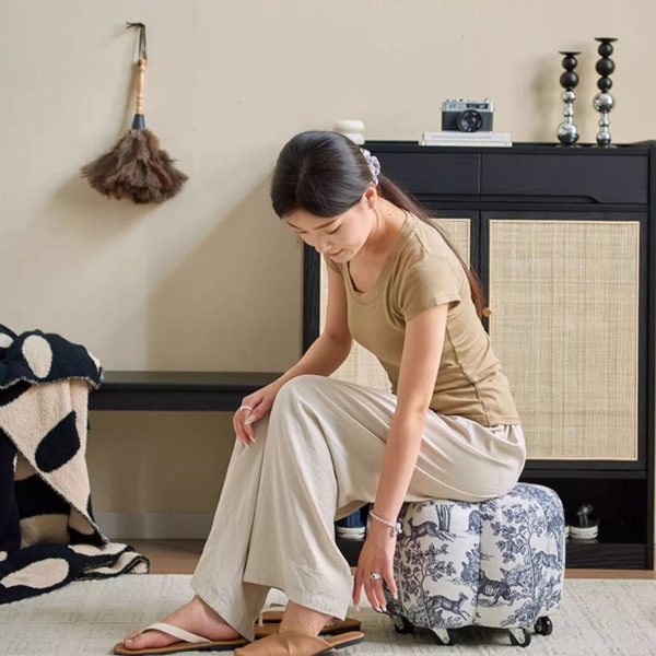 Contemporary Retro Flower Cube Cotton Linen Leather Pine Wheels Footstool Backless Armless For Living Room - Image 18