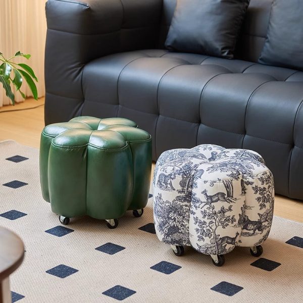 Contemporary Retro Flower Cube Cotton Linen Leather Pine Wheels Footstool Backless Armless For Living Room