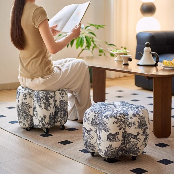 Contemporary Retro Flower Cube Cotton Linen Leather Pine Wheels Footstool Backless Armless For Living Room - Image 2
