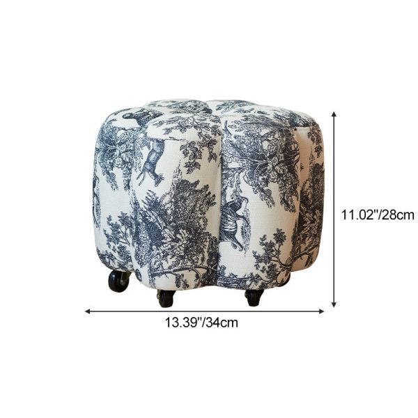 Contemporary Retro Flower Cube Cotton Linen Leather Pine Wheels Footstool Backless Armless For Living Room - Image 5