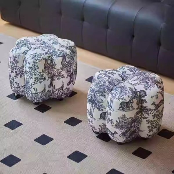Contemporary Retro Flower Cube Cotton Linen Leather Pine Wheels Footstool Backless Armless For Living Room - Image 13
