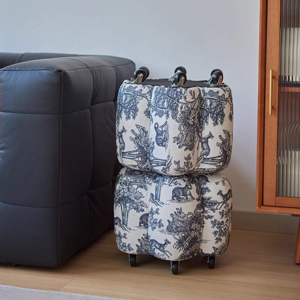 Contemporary Retro Flower Cube Cotton Linen Leather Pine Wheels Footstool Backless Armless For Living Room - Image 3