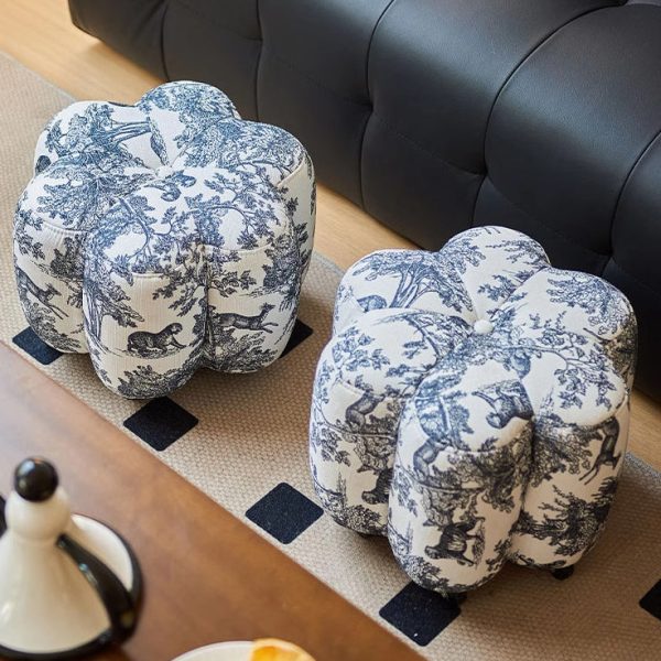 Contemporary Retro Flower Cube Cotton Linen Leather Pine Wheels Footstool Backless Armless For Living Room - Image 12