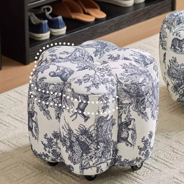 Contemporary Retro Flower Cube Cotton Linen Leather Pine Wheels Footstool Backless Armless For Living Room - Image 9