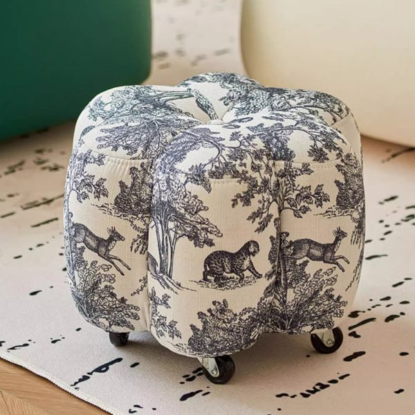 Contemporary Retro Flower Cube Cotton Linen Leather Pine Wheels Footstool Backless Armless For Living Room - Image 15
