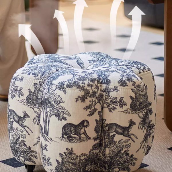 Contemporary Retro Flower Cube Cotton Linen Leather Pine Wheels Footstool Backless Armless For Living Room - Image 6