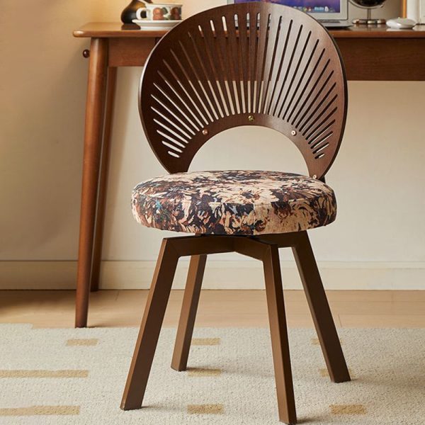 Traditional French Shell Round Cotton Linen Solid Wood Swivel Dining Chair Backrest Armless For Dining Room - Image 3