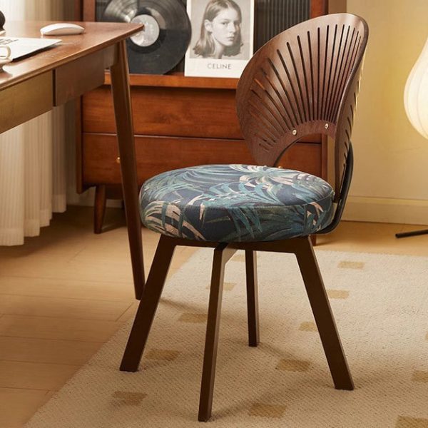 Traditional French Shell Round Cotton Linen Solid Wood Swivel Dining Chair Backrest Armless For Dining Room - Image 2