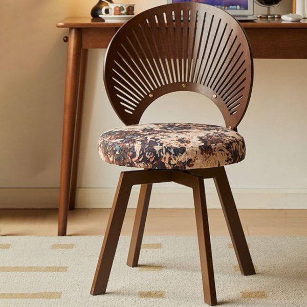 Traditional French Shell Round Cotton Linen Solid Wood Swivel Dining Chair Backrest Armless For Dining Room - Image 12