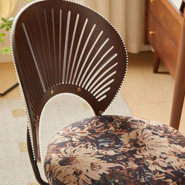 Traditional French Shell Round Cotton Linen Solid Wood Swivel Dining Chair Backrest Armless For Dining Room - Image 5