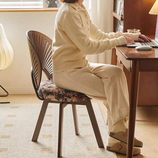 Traditional French Shell Round Cotton Linen Solid Wood Swivel Dining Chair Backrest Armless For Dining Room - Image 15