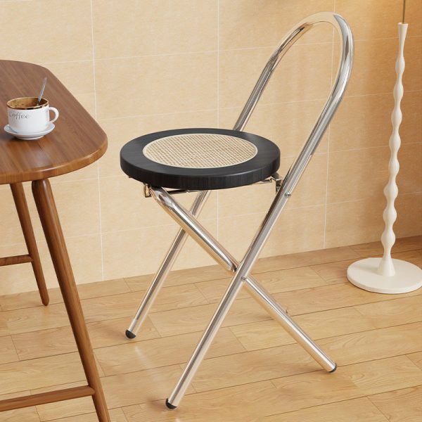 Traditional Japanese Round Arc Rattan Wood Iron Foldable Dining Chair Backrest Armless For Dining Room - Image 8