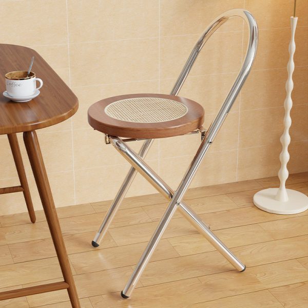Traditional Japanese Round Arc Rattan Wood Iron Foldable Dining Chair Backrest Armless For Dining Room - Image 9