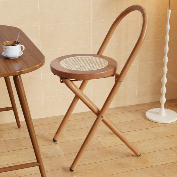 Traditional Japanese Round Arc Rattan Wood Iron Foldable Dining Chair Backrest Armless For Dining Room - Image 7