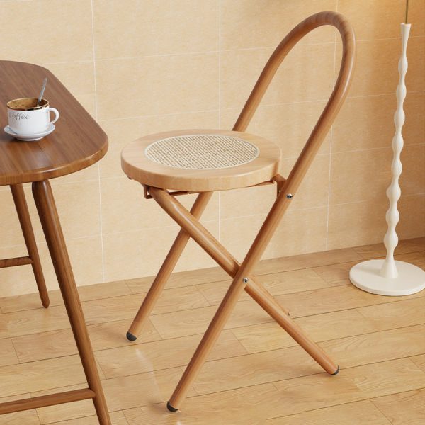 Traditional Japanese Round Arc Rattan Wood Iron Foldable Dining Chair Backrest Armless For Dining Room - Image 6