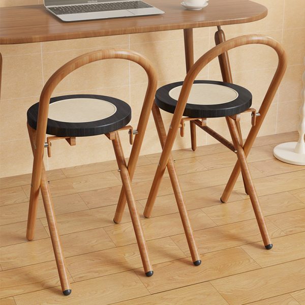 Traditional Japanese Round Arc Rattan Wood Iron Foldable Dining Chair Backrest Armless For Dining Room - Image 2