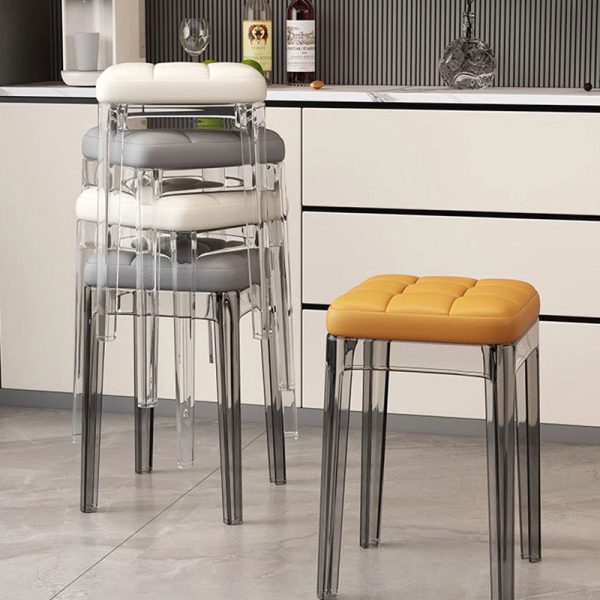 Contemporary Nordic Transparent Square PU PET Dining Chair Backless Armless For Dining Room - Image 7