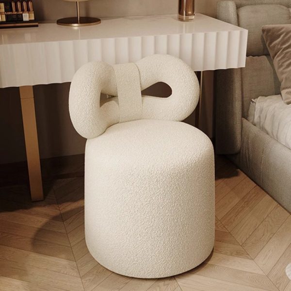 Contemporary Nordic Cream Bow Cylinder Lambswool Solid Wood Vanity Stool Backrest Armless For Bedroom - Image 2