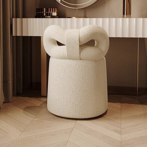Contemporary Nordic Cream Bow Cylinder Lambswool Solid Wood Vanity Stool Backrest Armless For Bedroom - Image 7
