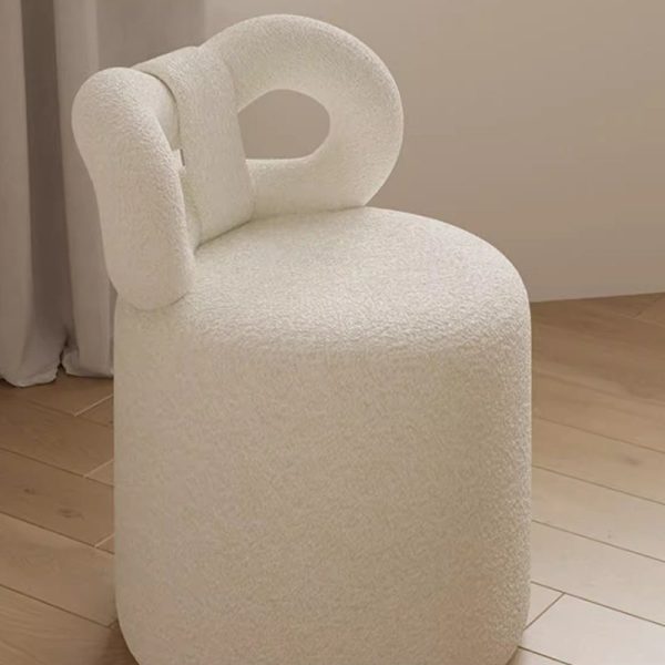 Contemporary Nordic Cream Bow Cylinder Lambswool Solid Wood Vanity Stool Backrest Armless For Bedroom - Image 6