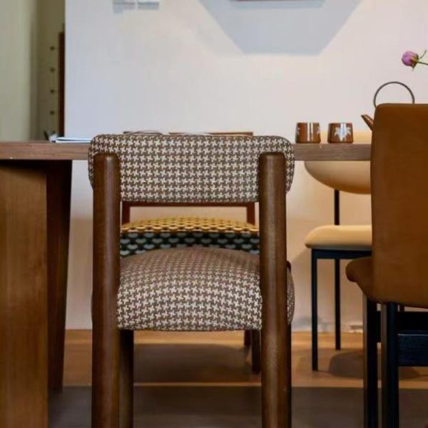 Traditional French Square Upholstered Plaid Cotton Linen Iron Dining Chair Backrest Armless For Dining Room - Image 3