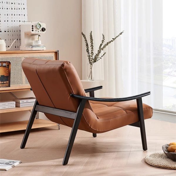 Contemporary Retro Rectangular Lattice Leather Wood Bracket Accent Chair Backrest Arm For Living Room - Image 18