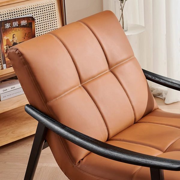 Contemporary Retro Rectangular Lattice Leather Wood Bracket Accent Chair Backrest Arm For Living Room - Image 5