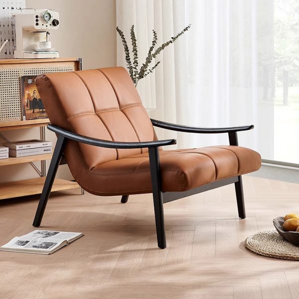 Contemporary Retro Rectangular Lattice Leather Wood Bracket Accent Chair Backrest Arm For Living Room - Image 15
