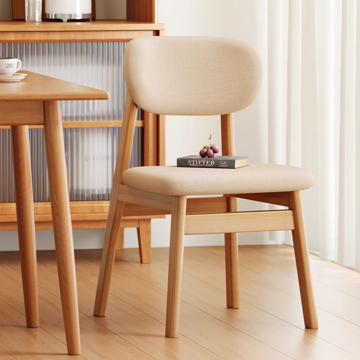 Modern Minimalist Square Upholstered Cotton Linen Solid Wood Dining Chair Curved Backrest For Dining Room - Image 2