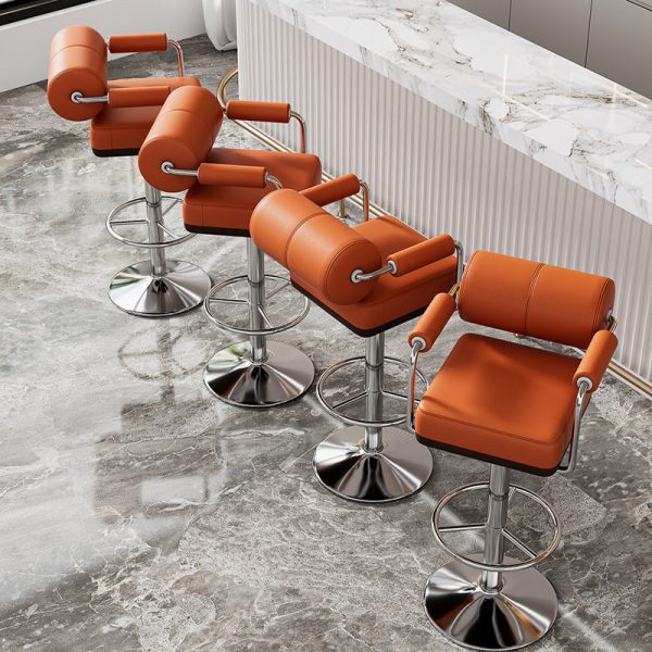 Modern Minimalist Square Upholstered Cylinder Backrest Leather Metal Bar Stool Armrest Footrest For Dining Room - Image 9